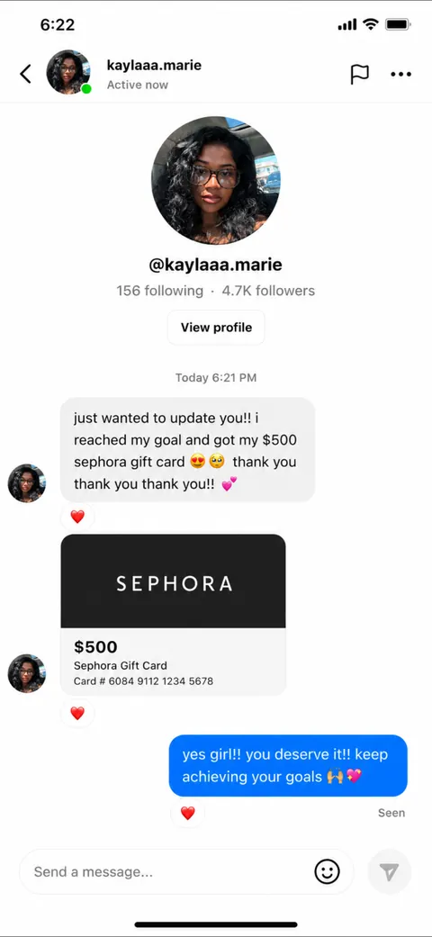 DM von @kaylaaa.marie — Sephora-Geschenkkarte im Wert von 500 $
