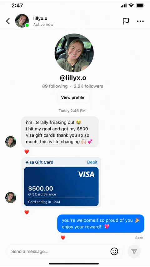 DM von @lillyx.o — Visa-Geschenkkarte im Wert von 500 $