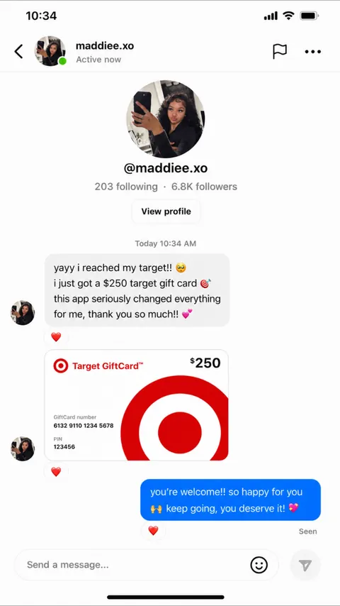 DM von @maddiee.xo — Target-Geschenkkarte im Wert von 250 $