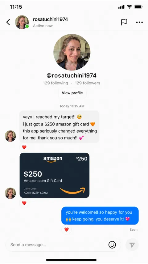 DM von @rosatuchini1974 — Amazon-Geschenkkarte im Wert von 250 $